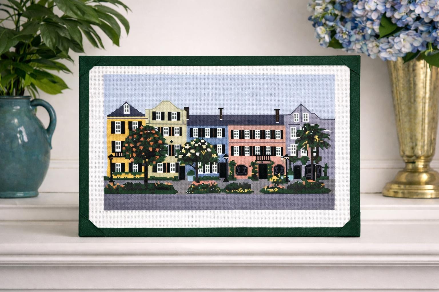 Rainbow Row Needlepoint Canvas or Full Kit Charleston Pastel Houses 18 Mesh Lumbar Pillow or Framed Needlepoint Historic Holy City Souvenir